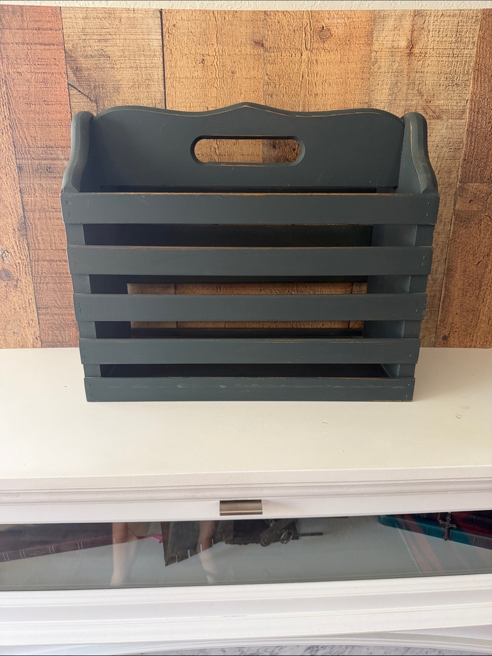 Vintage Wooden Slatted Magazine Storage Crate in Dark Green